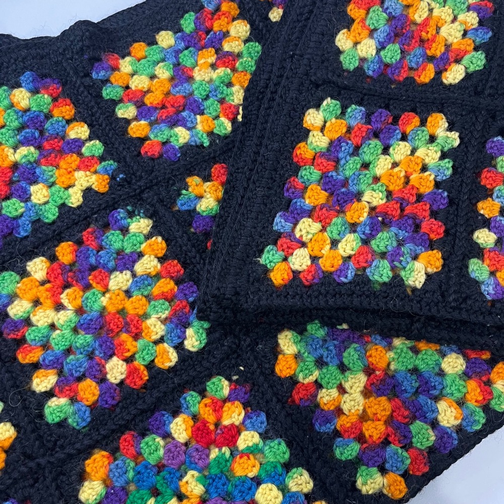 Vintage Handmade Crochet Granny Square Blanket 74x33 Rainbow Boho Eclectic